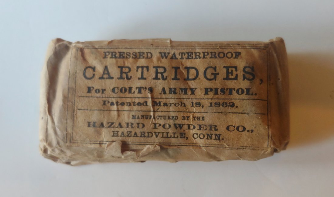 Full package skin cartridges Colt 1860 Army revolver: Excellent unopened package of 44 caliber combustible skin cartridges for the 1860 Colt Army Revolver. Super condition. Super label. Patented March 18th 1862. Produced by The Hazard Powder Company. $20
