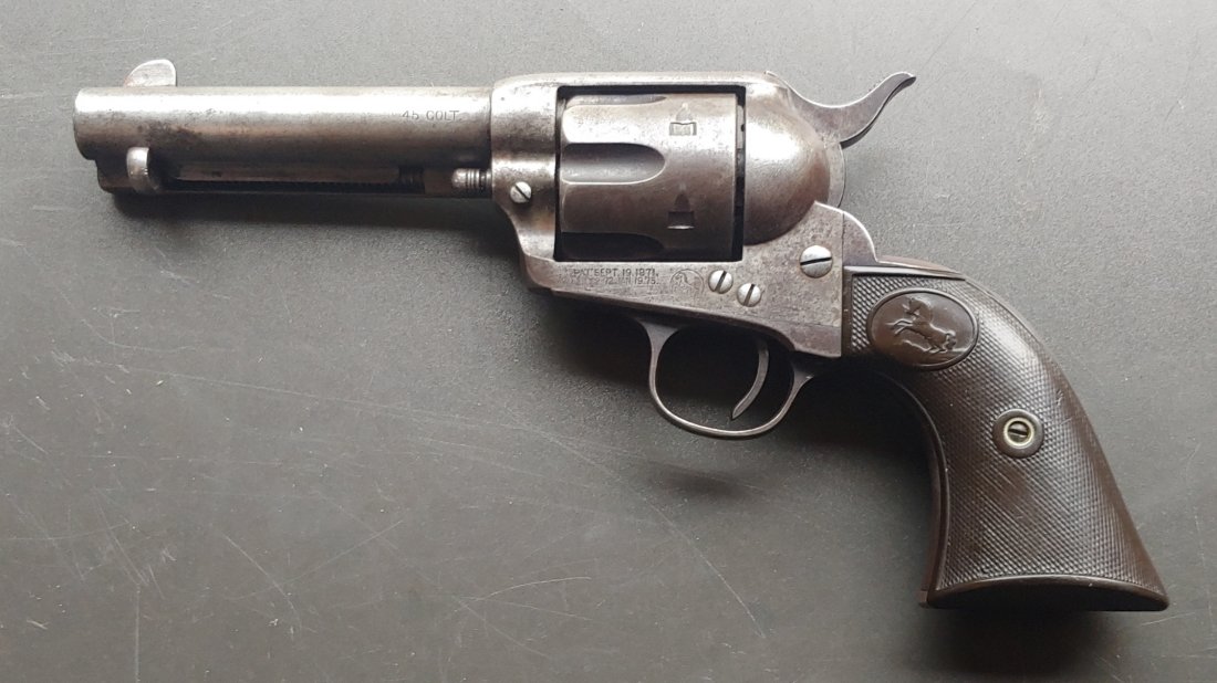 Colt Single Action Army revolver: 1897 made with serial number of 172703. Overall Very good condition with an honest patina and no original factory finish. Barrel length is 4 5/8s inches. 100% original, 100% complete, and mechanically