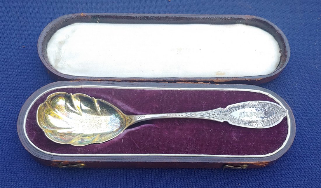 Fancy leather case Civil War engraved silver spoon: American hallmarked coin silver spoon engraved with a monogram and the date of 1865. Housed in a leatherette carrying case made like a daguerreotype case. Spine separated. A real quality artifact. $25