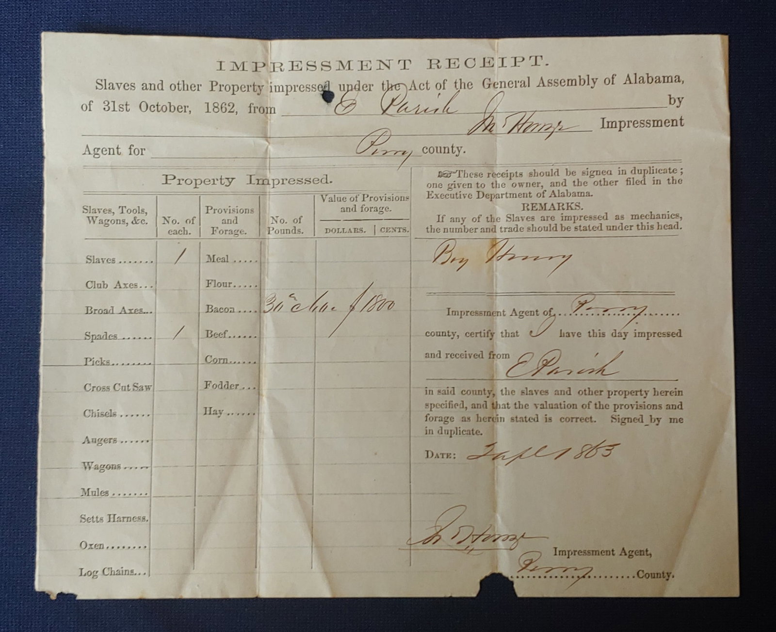 Confederate States Army document impressing a slave boy into the service: Really cool 9x7-in document dated April 2nd 1863 at Perry County Alabama. Pre-printed official Confederate Army document filled out as a receipt for the impressment of one slave boy named Henry and on