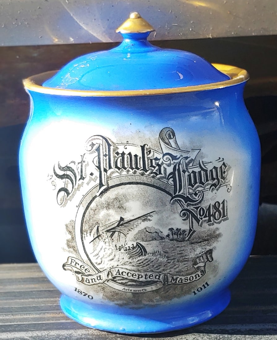 Antique Pennsylvania Masonic Lodge China Tobacco Jar: Manufactured by the New Jersey China Company in 1911. The members of St Paul's Lodge No. 481 commissioned the Thomas Maddox Sons Co, of Trenton, NJ to make this beautiful blue tobacco jar to commemora