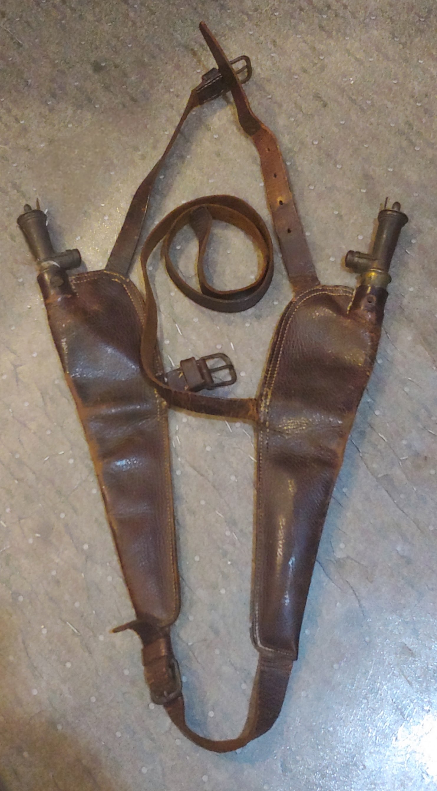 Extra Quality Double Bag Shot Pouch COMPLETE: Excellent condition 1850S 1860S vintage elaborate double bag leather shotgun shot-pouch with intricate strap and buckle configuration. I'm guessing that one pouch held smaller shot and the other large