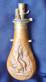 James Dixon gunpowder flask embossed, signed, with crazy wild spout