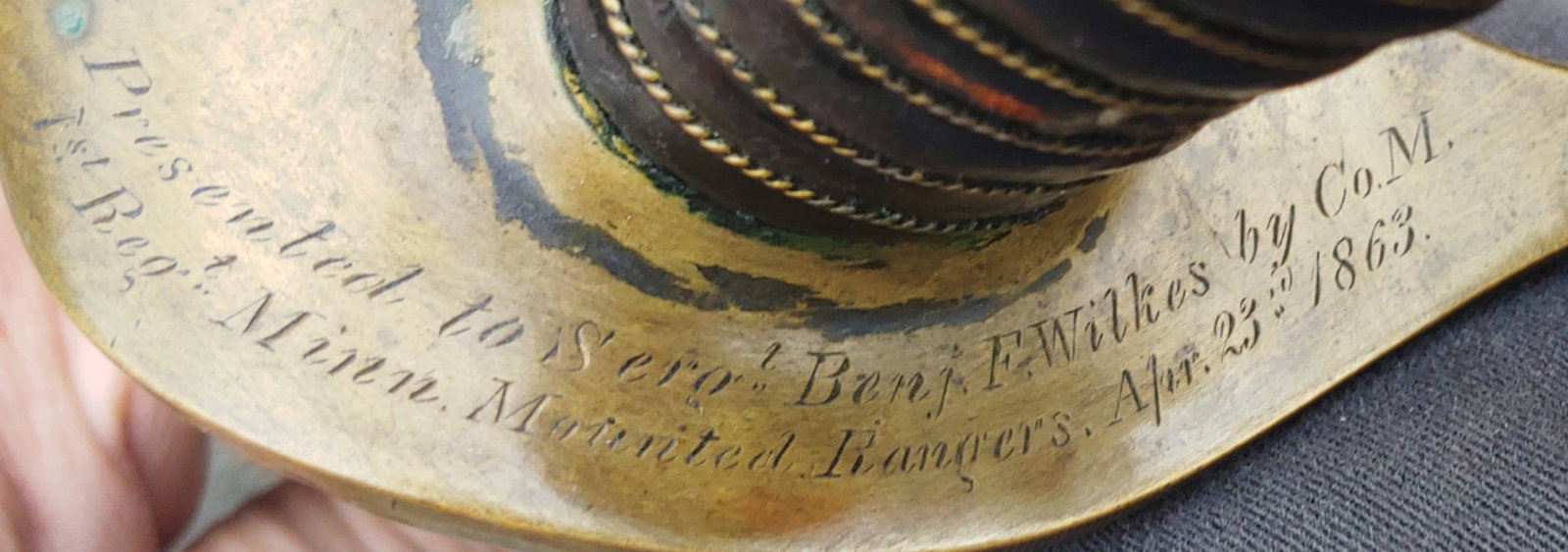 Beyond cool presentation Indian Fighters Cavalry saber 1862: Truly one of the most exciting and historical inscribed sabers I have ever handled . This was carried by a Minnesota Trooper in action against the hostile Sioux Indians who murdered and rampaged in th