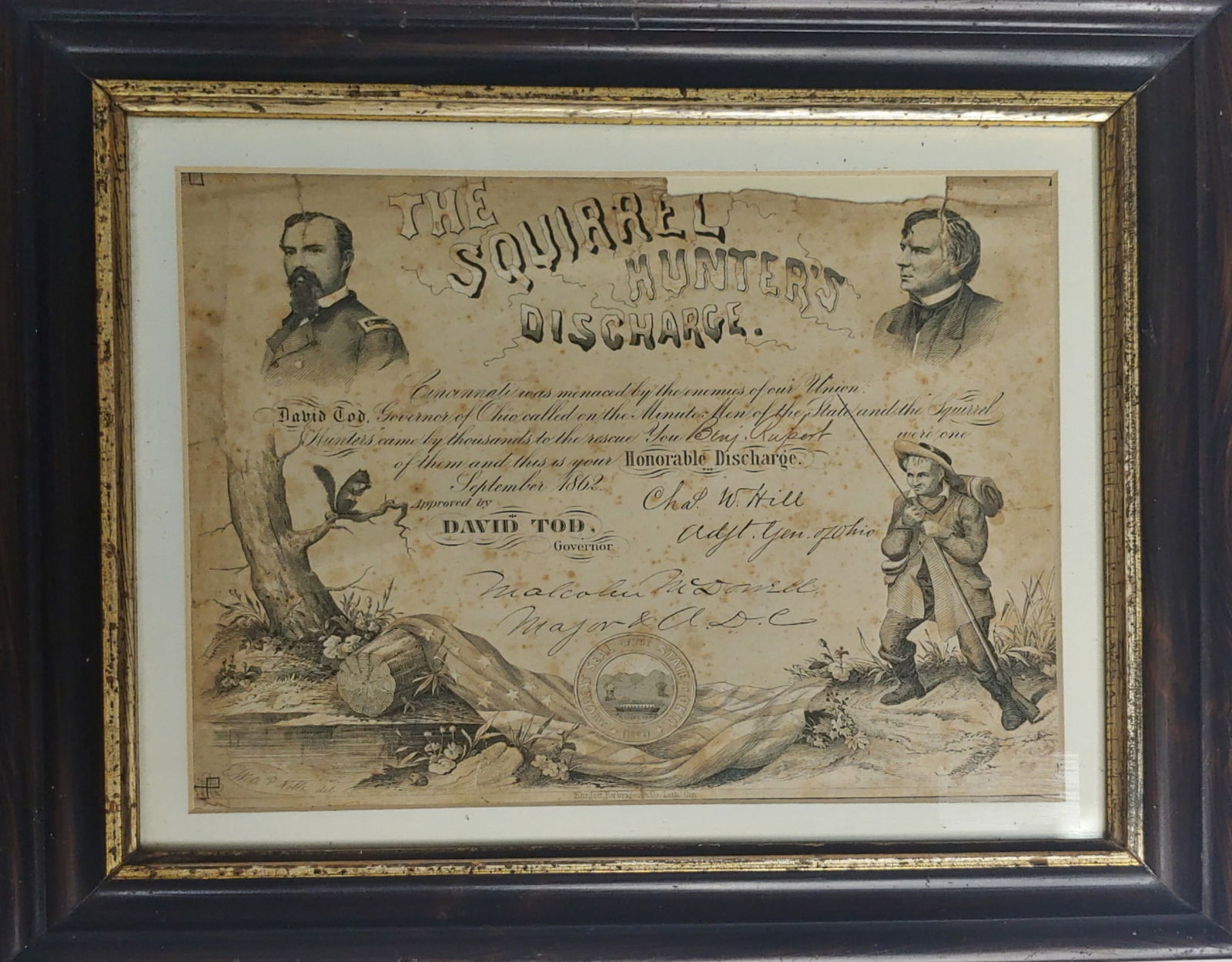 Ohio squirrel Hunters discharge in original 1860s frame: When Confederate John Morgan of Kentucky threatened the state of Ohio local squirrel Hunters volunteered to protect the state . For their service these Ohio squirrel Hunters were given what is arguabl