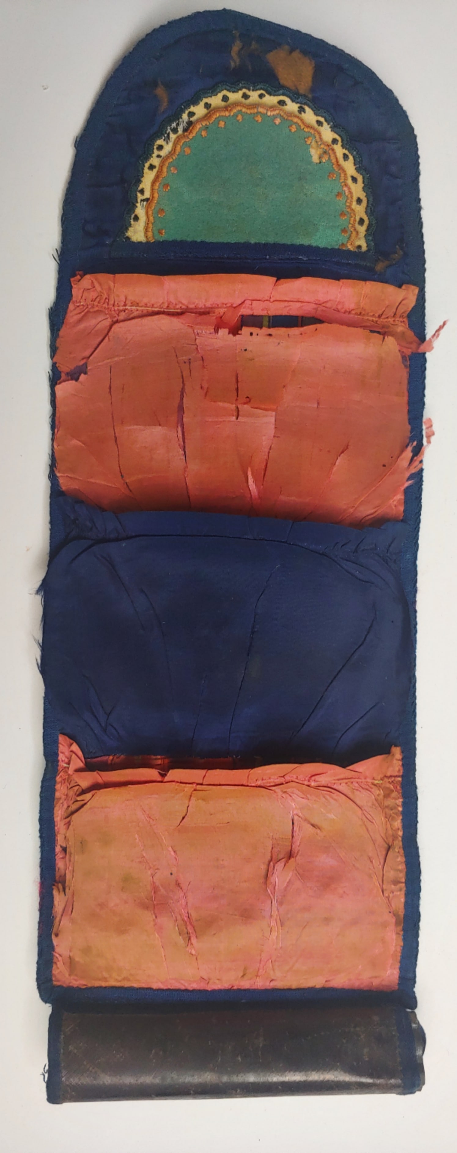 Civil War soldiers sewing kit housewife: A classic example of the Civil War soldiers sewing kit . Referred to by the soldiers as their housewife. Standard roll up design with colorful silk interior and spaces for needles and thread and patch