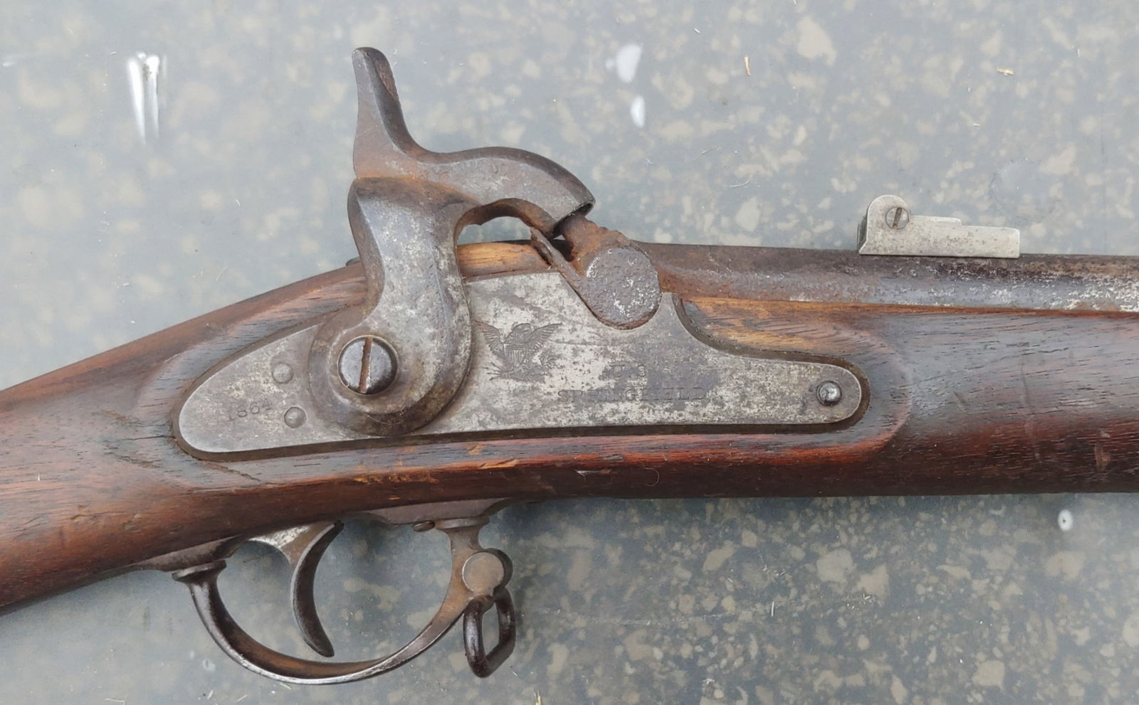 Civil War 1864 Springfield rifle musket: Model 1864 type 2 Springfield Civil War rifle musket. Overall good to very good condition. 100% original, 100% complete, mechanically perfect. Bore is rough but has good rifling. Markings worn as show