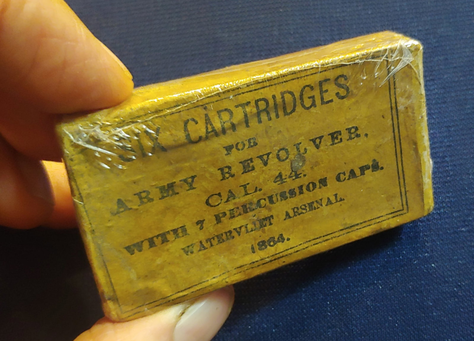 Unopened package 1864 Civil War skin cartridges for 44 caliber Army revolver: A complete unopened package of Watervliet Arsenal 1864 skin cartridges . These would be issued with the colt and Remington 44 caliber revolvers in the cavalry . Appropriate for display with any 44 cal