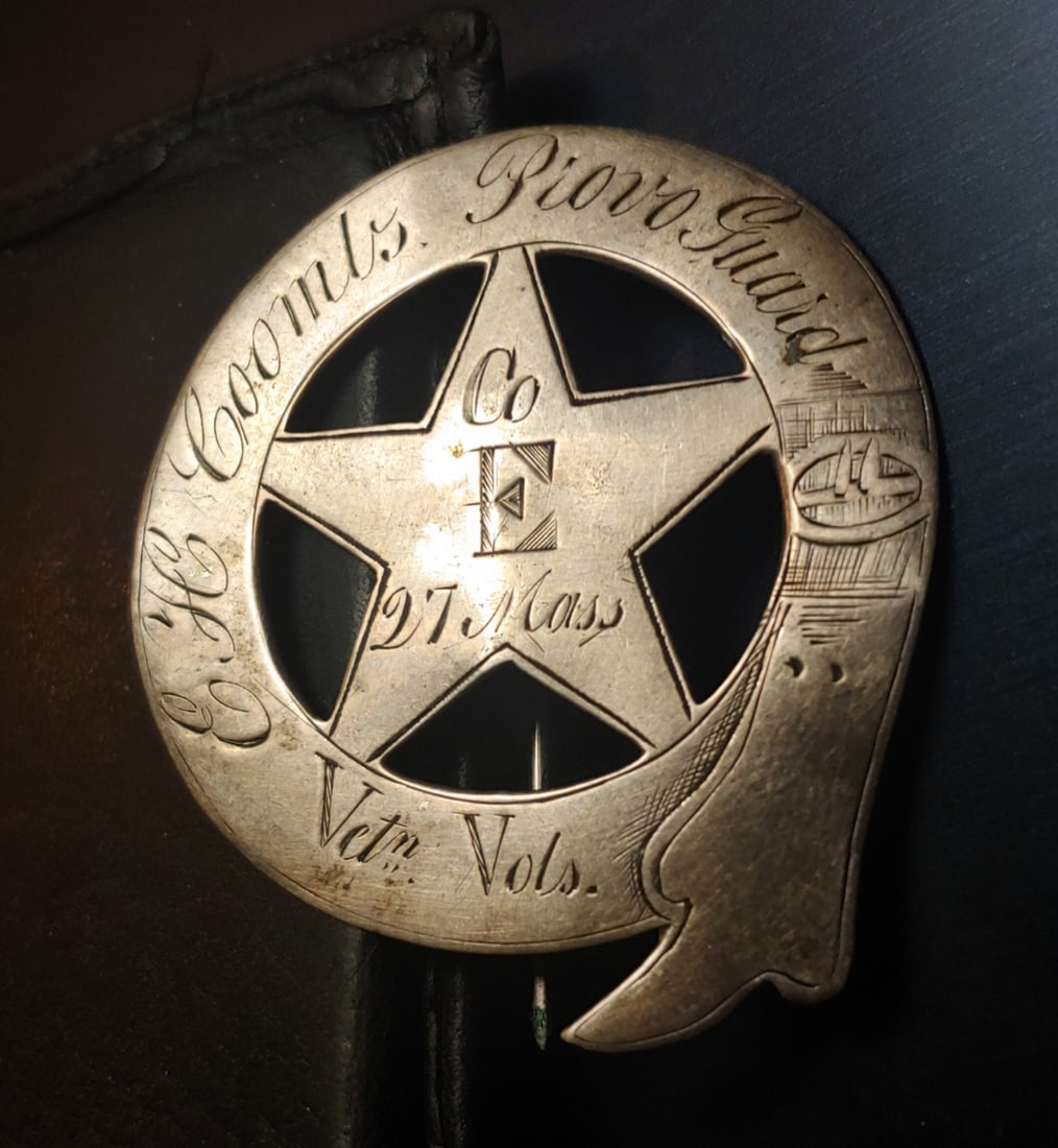 Civil War Provost Badge 27th Mass. Killed in Action: One of the rarest pieces of CW insignia is this belt around a star Provost Guard badge. The Provost Guard was equivalent of the MPs of today. Generally, the Provost Guard were among the best troops in