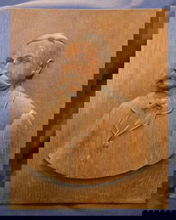 Big mustache relief carved portrait Western man: A very fine late 19th century carved bust likeness of an old codger with a Wyatt Earp style mustache . I don't know who he is but he looks great hanging on the wall . $35 for packing UPS shipping,