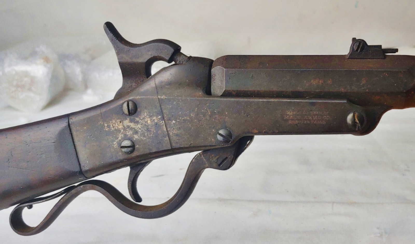 Civil War Maynard Cavalry carbine: A good solid example of a standard Civil War issue second model Maynard carbine in overall very good condition . Absolutely as found, and not messed with or cleaned in any fashion. 100% original, 100%