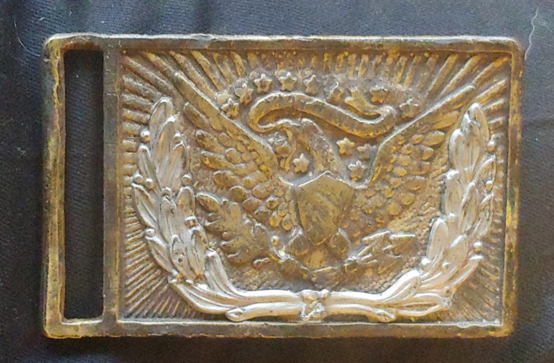 Civil War Eagle buckle with applied silver wreath. Confederate altered?: This may be the ugliest example of a rectangular US sword belt plate that I have ever owned. It is the standard US pattern NCO and enlisted sword belt plate incorporating an eagle and a silver wreath.