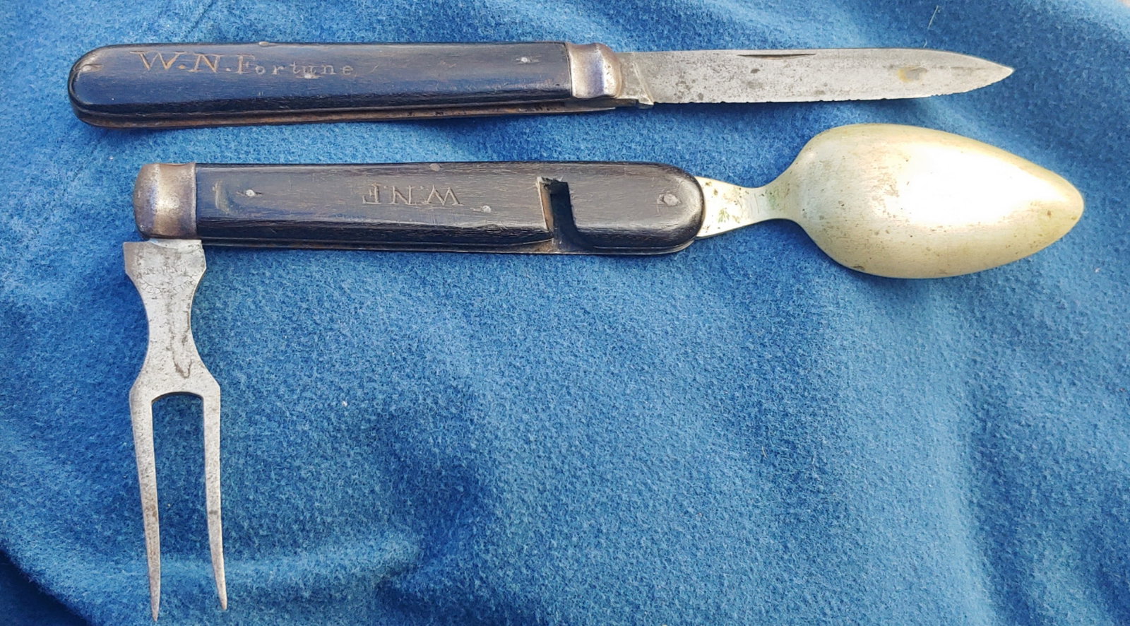99th Illinois Soldier killed in action identified mess set.: Absolutely honest and unmessed with original Civil War Union Army Knife Company mess set impeccably identified to an Illinois soldier who was killed at Vicksburg. He was hit on May 22nd and died ten d