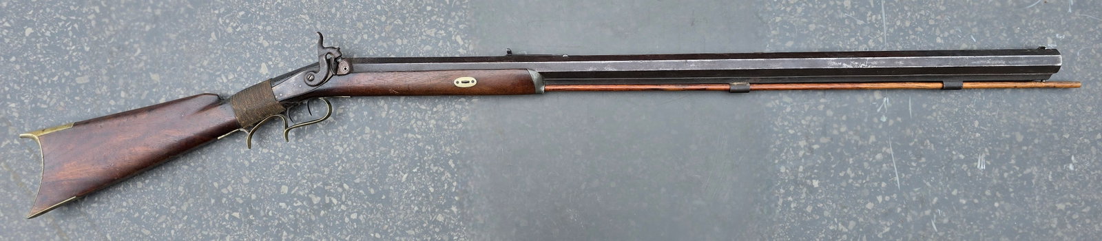 Dayton Ohio Kentucky Rifle: Ohio half stock percussion rifle. Double set triggers. Patent breech. Barrel signed W.W. Hackney, a listed rifle maker from Dayton who worked 1859 - 1869. . Owner's name on a silver escutcheon plate J