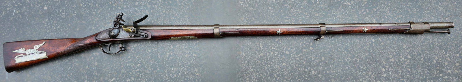 Silver Mounted Patriotic Engraved Presentation Grade 1816 Flintlock Musket: This is truly a special treasure . A presentation grade silver inlaid model 1816 US musket manufactured as an award or prize profusely decorated with patriotic engraved silver inlays. Overall length 5