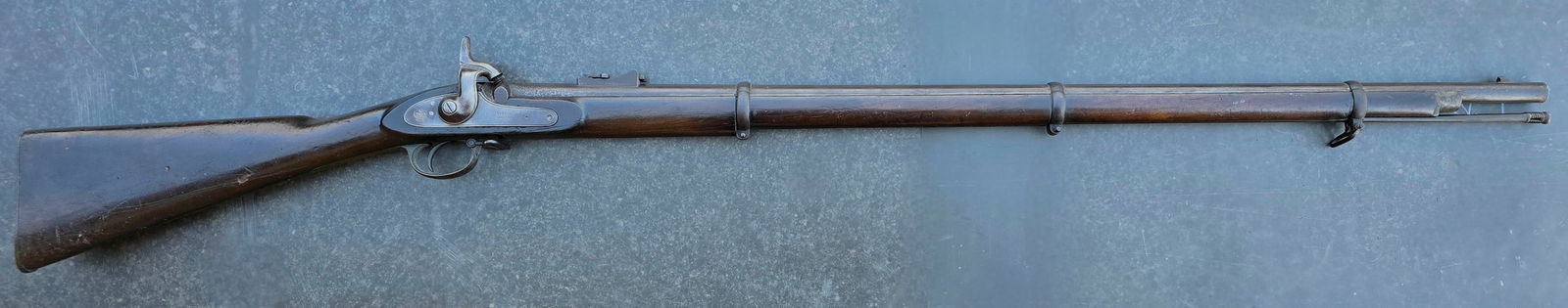 Confederate Used Tower Enfield P-1853 dated 1863: A top notch CS imported Tower Enfield rifle musket. Lock markings are 1863 TOWER and Crown. Barrel Markings are 25* 25* indicating .577 caliber. The stock is stamped JAMES WEBLEY and also cartouched b