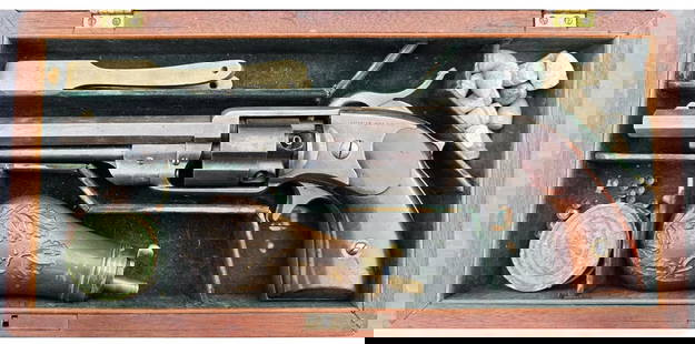 Very Fine Cased Alsop Revolver w/ Accessories: These Alsop revolvers are as scarce as hens teeth and finding them in the proper factory casing is downright rare. Only 500 of these Navy Model revolvers and 300 of the smaller Pocket Models were manu