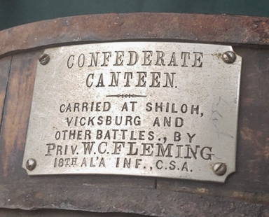 Alabama soldiers tagged Confederate canteen carried at Shiloh: This ranks among the most visually exciting Confederate canteens I have owned . Screwed to the side is a wonderful 1890s vintage historical tag . The tag is made just like the late 19th century