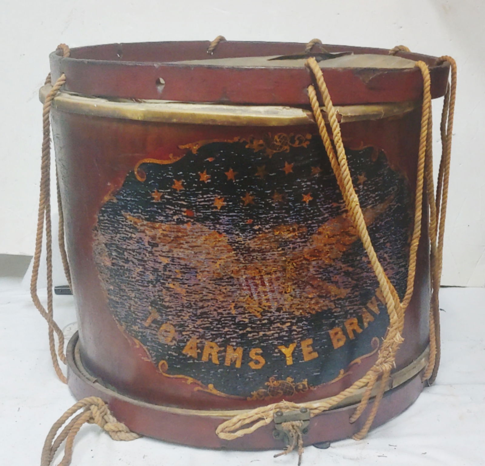 Civil War Eagle Drum "To Arms Ye Brave": I have never seen this motif painted on a civil war drum previously . The spread wing eagle surmounts a large motto TO ARMS YE BRAVE . No question about this being war-date. Very worn condition but I