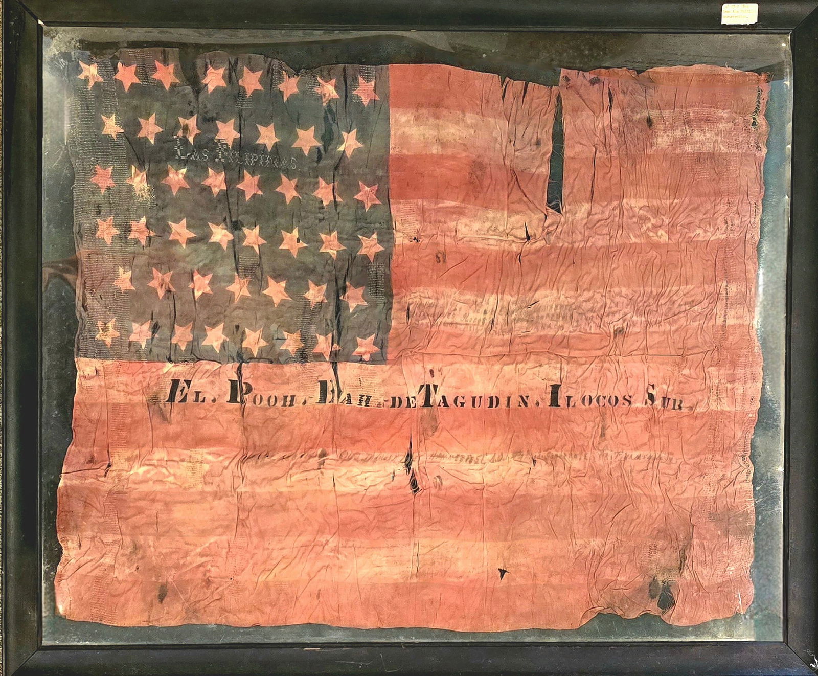 Historically Important 46 Star American Flag Philipine Insurrection: The flag is inscribed EL POOH BAH DE TAGUDIN ILOCOS SUR as well as LAS FILIPINAS. Tagudin is a town in the province of Ilocos Sur in the Philippines, and was important in the Philippine Insurrection.