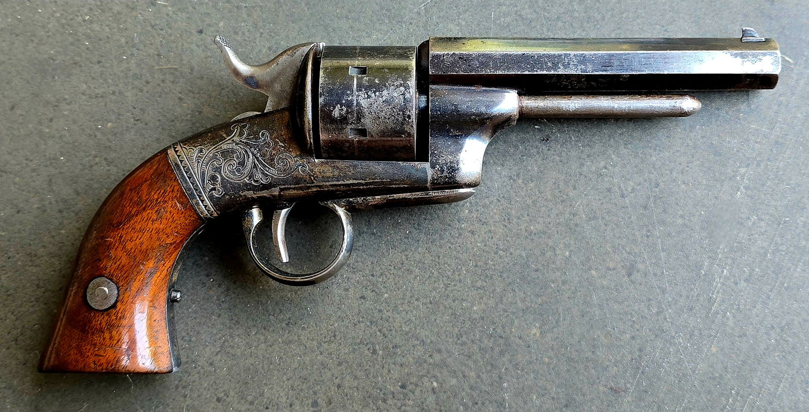Super Rare Bacon Cartridge Revolver: Outstanding antique Bacon “Removable Trigger Guard” Pocket Revolver, made circa 1861 in Norwich, Connecticut. Only 300 are estimated to have been made. Production was halted when Smith and Wes