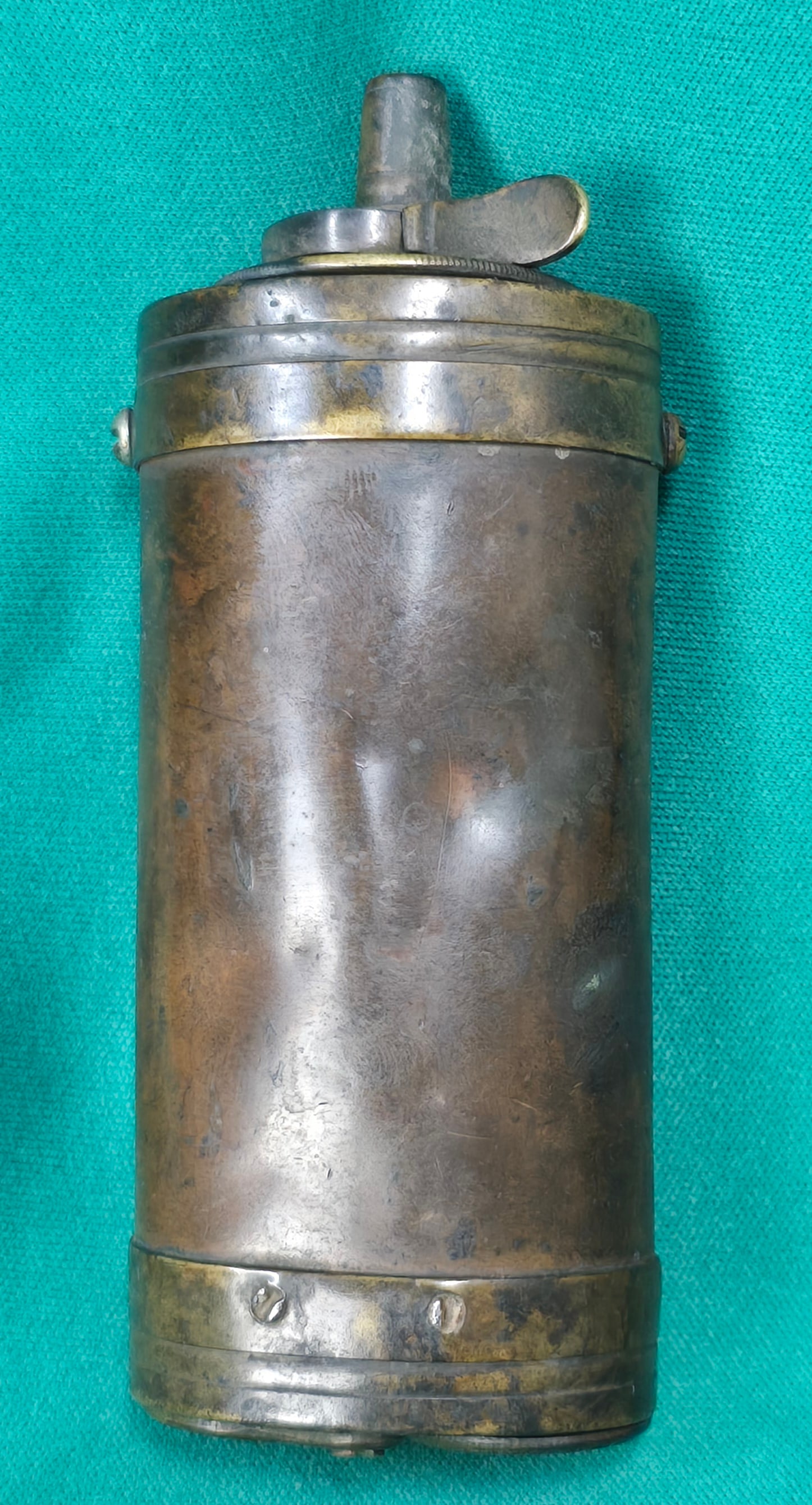Double-Compartment Cylindrical Powder Flask: Really handsome small size copper and brass 2-compartment powder flask. Circa 184os. Two compartments in the bottom. One marked B for balls, the other marked C for caps. $25 for packing, shipping, and