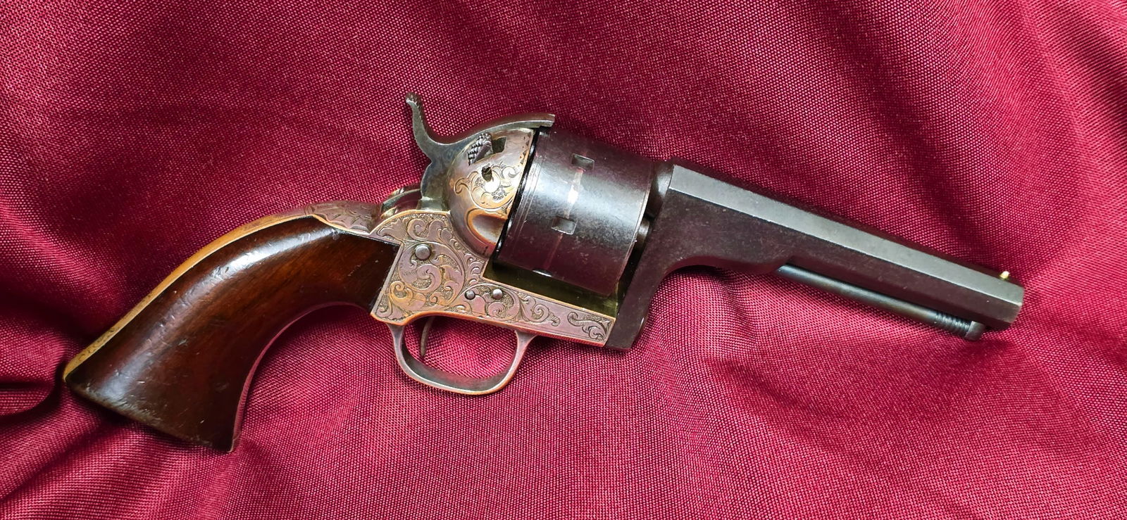 Inscribed Moore 7 Shooter Revolver 3rd Wisconsin Cavalry Bugler: 3rd Wisconsin Cavalry Bugler’s Moore 7 Shooter revolver inscribed and dated. Truly FINE condition Moore 7 shot “teat fire” cartridge revolver with 4-inch barrel and 80% original lustrous fac