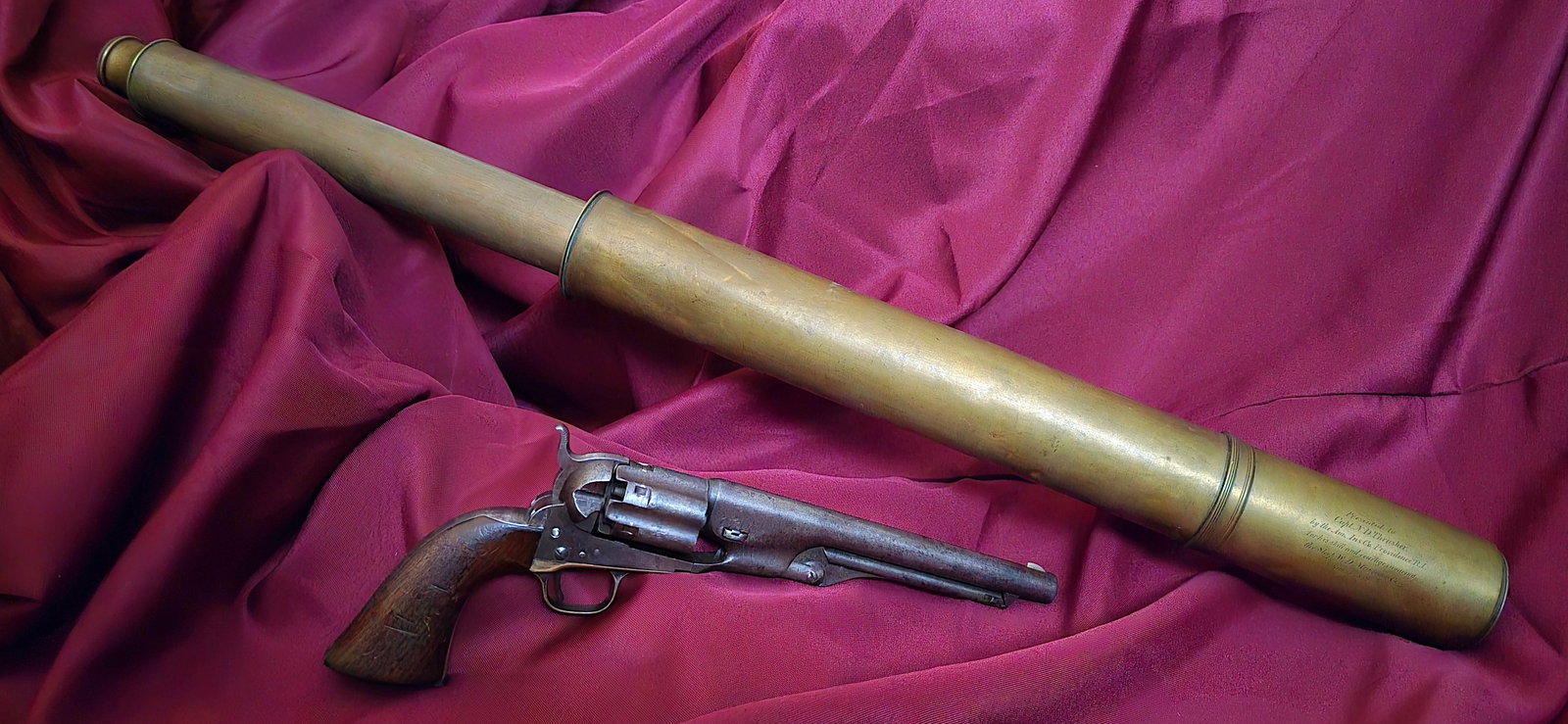 1862 Presentation Inscribed Telescope:: **Really neat 2-draw brass telescope with a world class presentation inscription. 21 inches closed. 41 inches fully extended with expandable hood. Engraved Presented to / Capt. N. D. Thrasher, / by th
