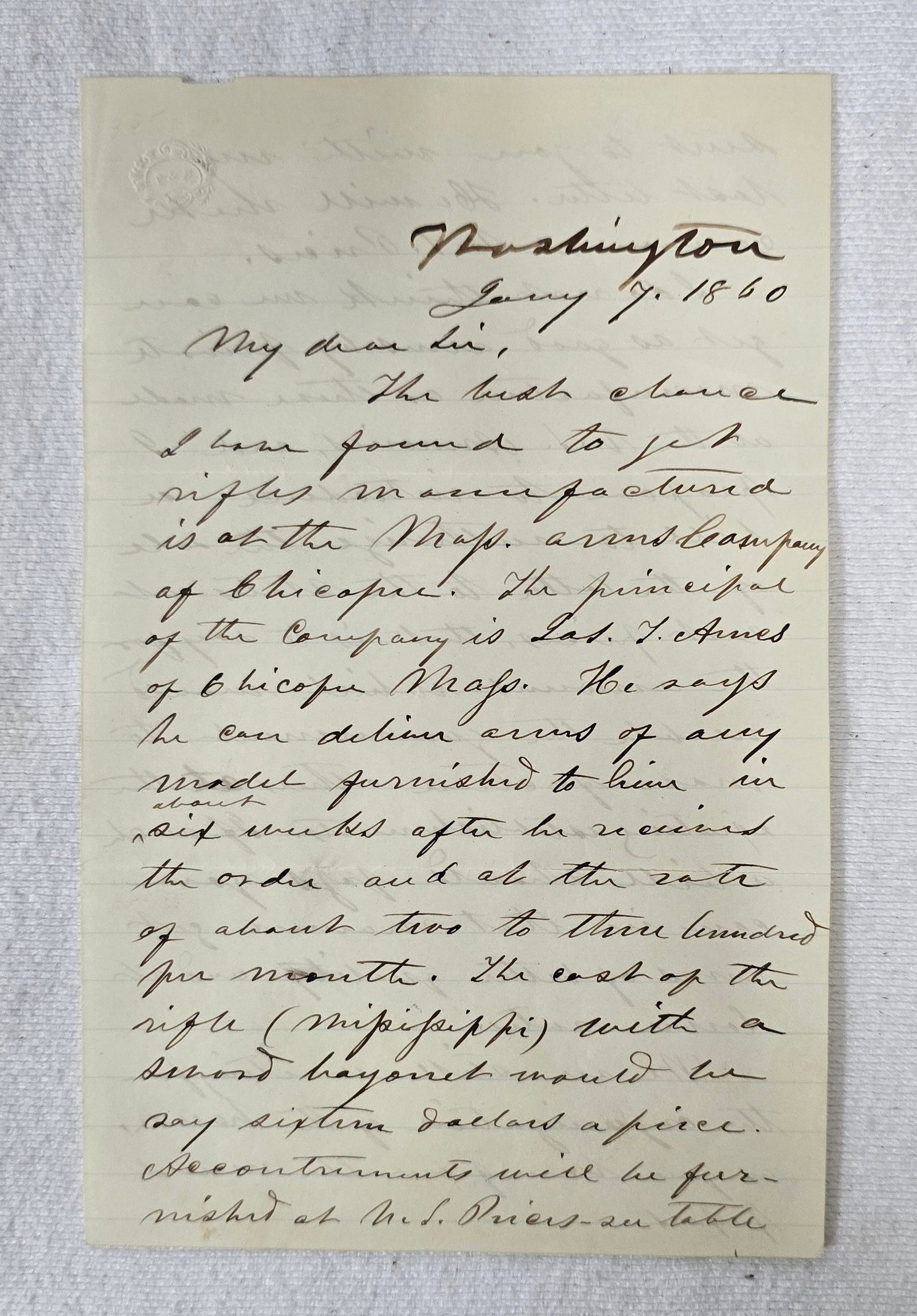 Important Jefferson Davis letter Eve of War sending Mississippi rifles to Mississippi. (1 of 4)