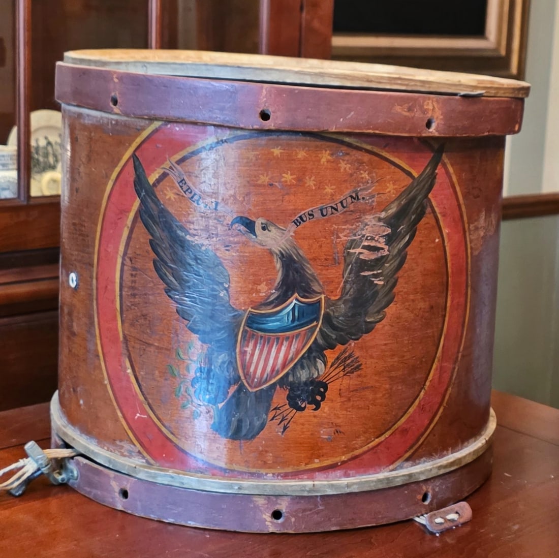 American War of 1812 Painted Eagle Drum - Named: ** Stellar hand painted American Eagle drum from the War of 1812. Inside is the complete original maker's label of William Callender - Boston. The address is 62 Middle Street which was his address