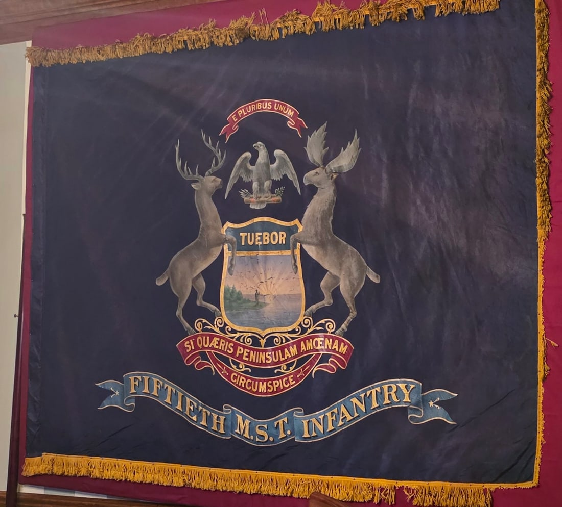 Pre Spanish-American War Michigan Battle Flag: ** Stunningly beautiful and excellent condition. The Michigan State troops was the Michigan militia which came into existence shortly after the Civil War and predated the Michigan National Guard in