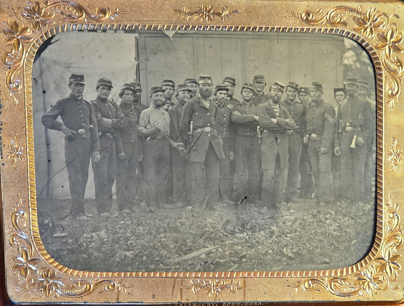 Half plate outdoor tintype 11th Michigan soldiers.: I got this tintype in 1977 or 1978when I was 21 years old. I had gone to a flea market with my girlfriend Lois, and saw what turned out to be a brass mounted Harpers Ferry 1855 two band rifle with