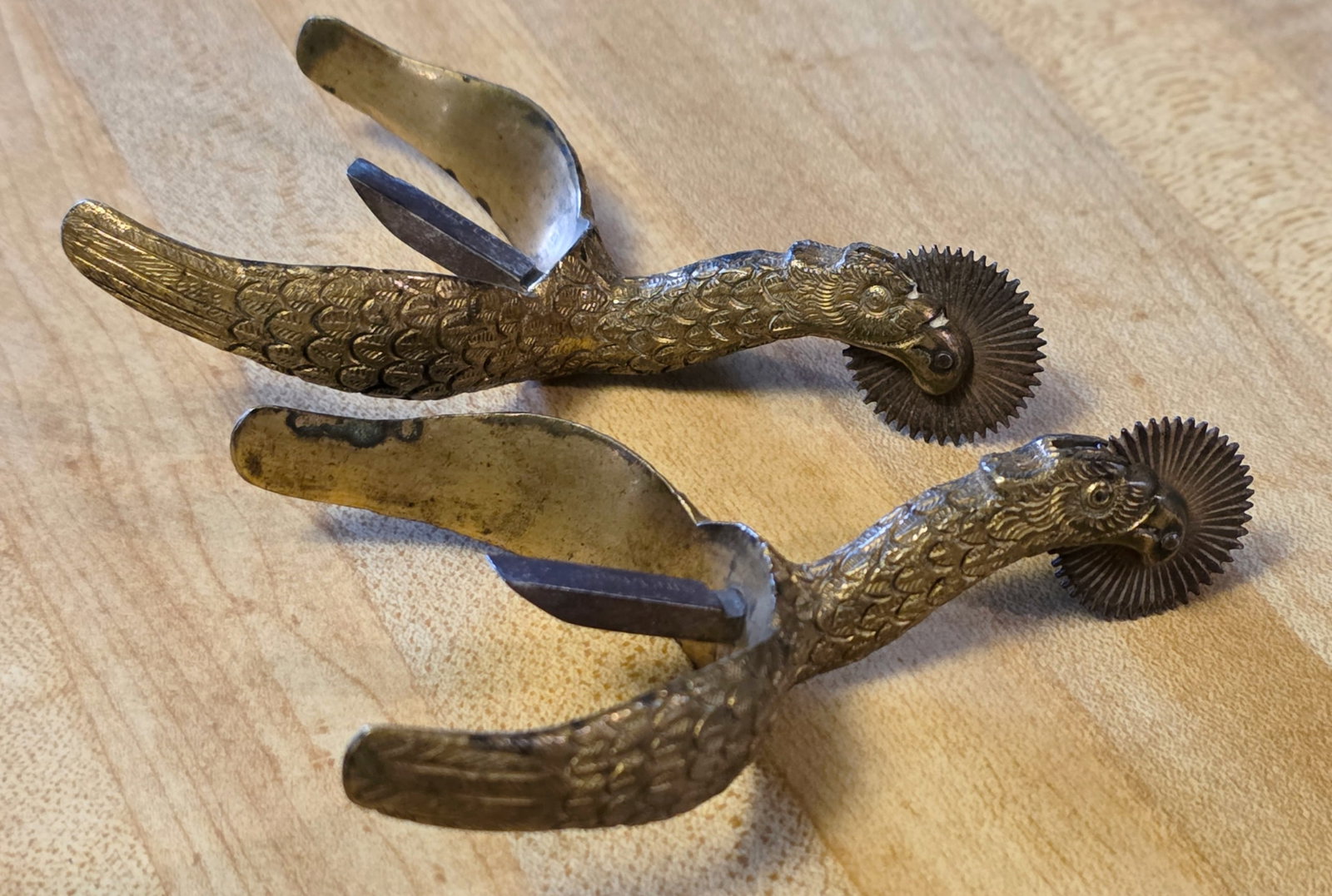 Civil War Officers Eagle Head Box Spurs: A superlative matched pair of English made Civil War officers eagle head box Spurs. Excellent condition, no defects, outstanding detail. Maker signed Sheldon on the steel prong. Catherine Sheldon was 