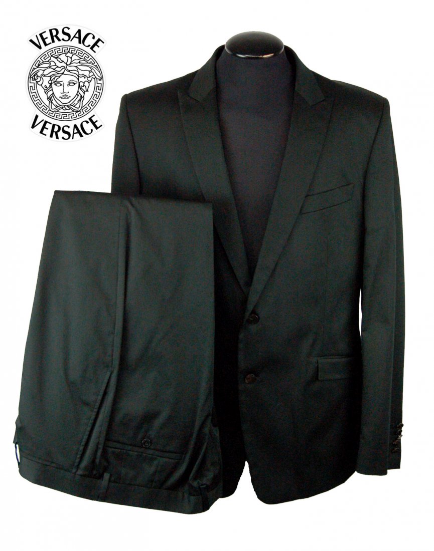 VERSACE Men's 2 Piece Suit-Sz 46R/38W-$2000.00: Men's Designer VERSACE Men's 2 Piece Suit-Made in Italy-Beautiful Solid Black -Poly/Spandex Blend -Size: 56 (EU) 46 US -Jacket / 38" Waist - Not Hemmed - Measurements available upon requestCondition: