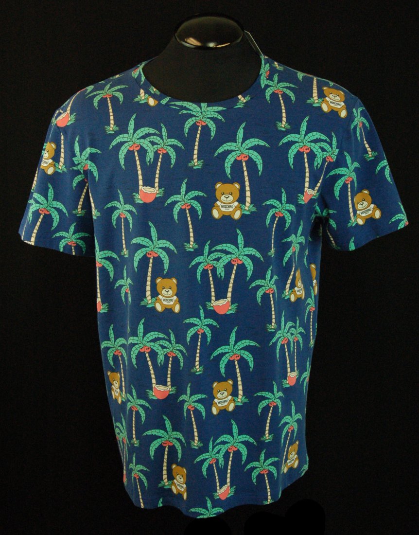 MOSCHINO Men's Designer T-Shirt-Sz L-$325.00: Men's Designer MOSCHINO T- Shirt-ICEBERG Unique Graphics Front-96% Cotton - 4% Spandex-Size: L -Condition: New With Tags -Retail: $325.00