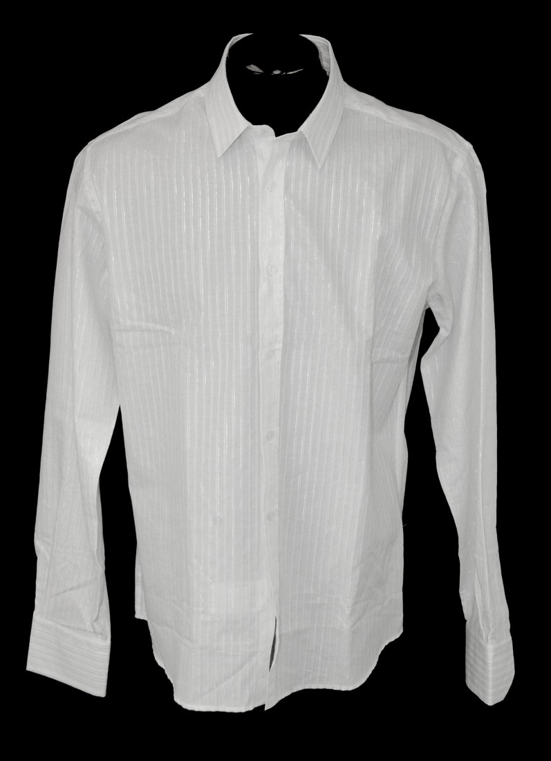 VERSACE Men's Designer Shirt - Size 44 - $525.00: Men's Designer VERSACE Long Sleeve Shirt-Made in Italy-97% Cotton - 3% Poly -Beautiful Soft Fabric - White with Silver Accent Pinstripes-Tag Size: 44 XL - measurements available upon request-Condition