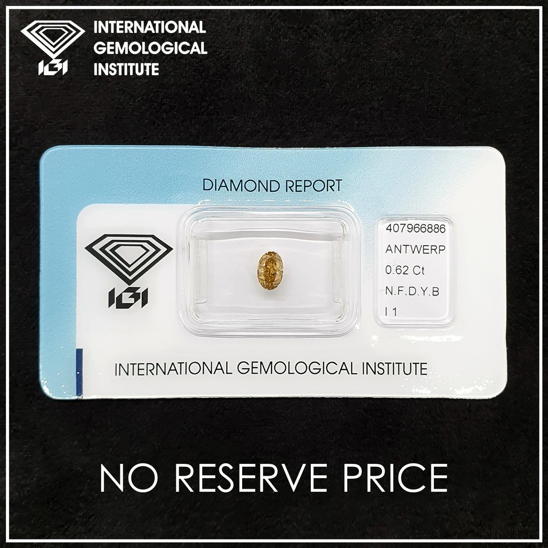 0.62ct - Fancy Deep Yellowish Brown/I1-Oval-NO RESERVE: SKU: 4357-007------0.62ct - Fancy Deep Yellowish Brown/I1-Oval-NO RESERVE Graded by IGI Shape: Oval Brilliant Carat: 0.62ct Color: Natural Fancy Deep Yellowish Brown Clarity: I1 Polish: Good Symmetry: