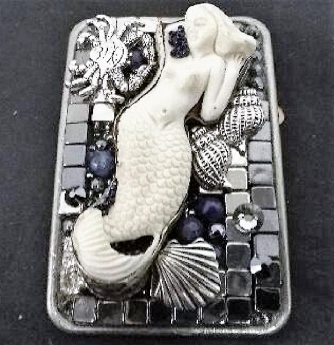Belt Buckle Custom Carved Mermaid Unisex: Carved Bone Mermaid in Silver Hematite Cube, silver crab and shells. Signed. Created by Susan Fine. New this buckle retailed for over $700
