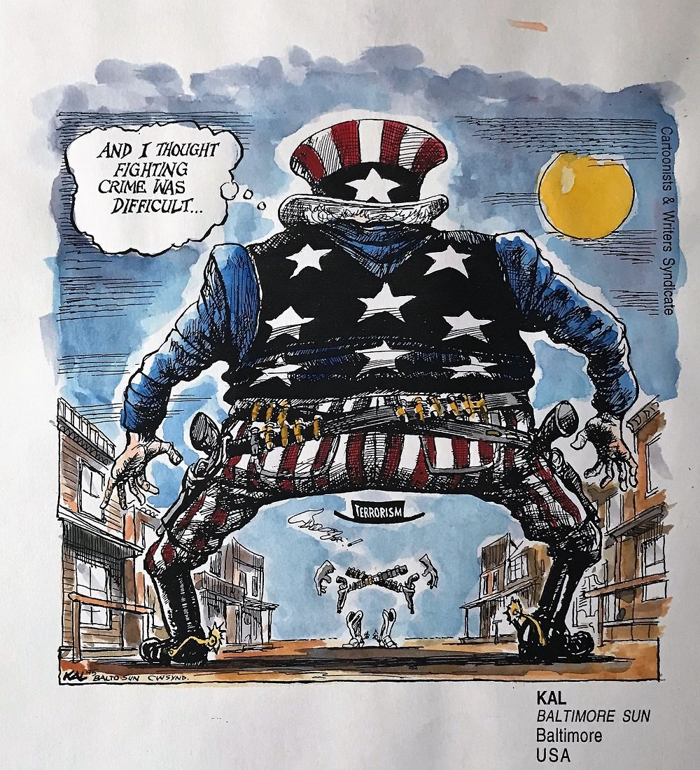Kevin Kallaugher (KAL) Original Editorial/Political: An original Kevin Kallaugher (KAL) Political/Editorial Cartoon "Terrorism" signed and dated 1995. Watercolor on paper. Unframed. Kallaugher attended Fairfield College Preparatory School and graduated 