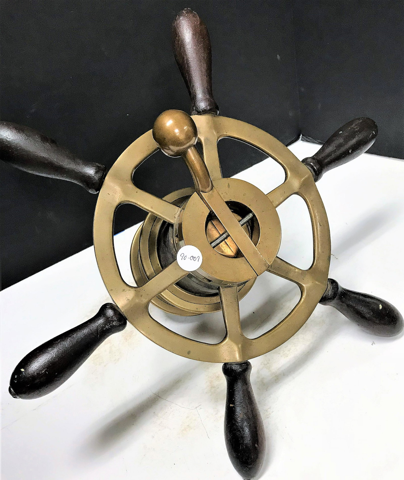 Late 19th Century Bronze Boat Steering Wheel: Late 19th Century Launch steering wheel. Tip gto Tip 15.5" - Depth 6.75" - Hub Diameter 4-5/8" - Clutch Hb 3.25" - Handle length 5.5"