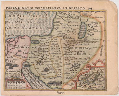 MAP - Holy Land. Mercator/Hondius: Holy Land. Mercator/Hondius, Peregrinatio Israelitaru in Deserto, 1610 (published). Hand Color. A handsome small map depicting the Exodus and the wandering of the Children of Israel. An inset of the E