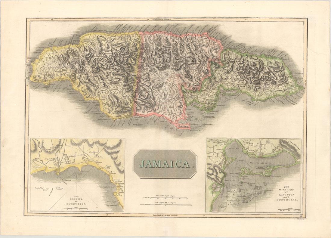 MAP - Jamaica. Thomson: Jamaica. John Thomson, Jamaica, 1816 (circa). Hand Color. This great large chart of the island of Jamaica features two insets, The Harbour of Bluefields and The Harbours of Kingston and Port Royal. Th