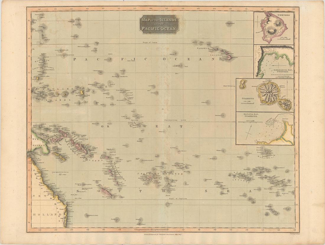 MAP - Pacific Islands. Thomson: Pacific Islands. John Thomson, Map of the Islands in the Pacific Ocean, 1817 (dated). Hand Color. This detailed map features some of the islands of the Pacific, from the Caroline Islands in the west t