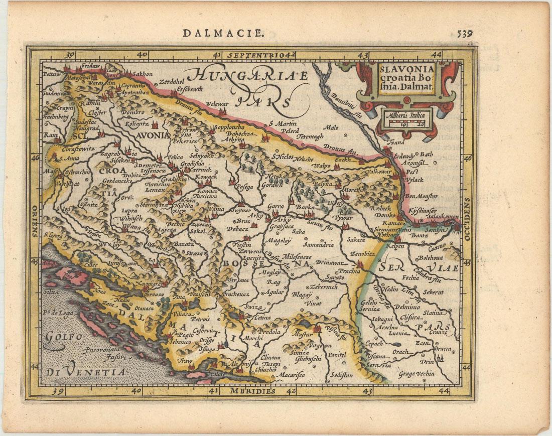 MAP, Western Balkans, Mercator: Western Balkans. Mercator/Hondius, Slavonia Croatia Bosnia, Dalmat., 1613 (published). Hand Color. A handsome small map of the Balkans that includes the regions of Slovenia, Croatia, Bosnia, Serbia an