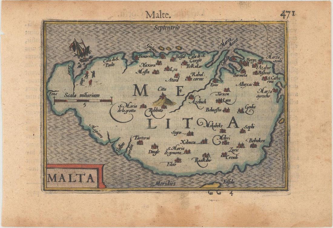 MAP, Malta, Langenes: Malta. Barent Langenes, Malta, 1600 (published). Hand Color. Charming miniature map of Malta with towns depicted with castles. A shipwreck with a rowboat and survivors is depicted off the northwest co