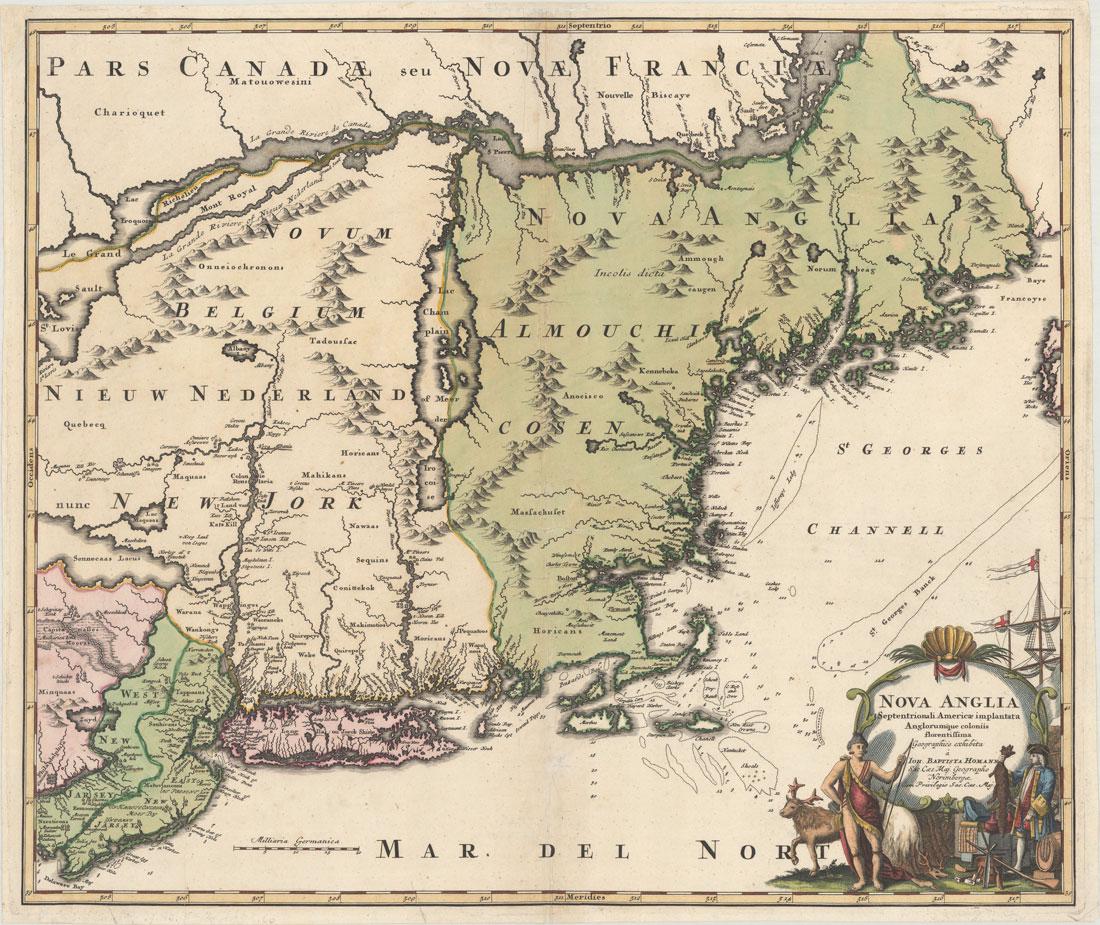 MAP, New England & Mid-Atlantic US, Homann: Colonial New England & Mid-Atlantic United States. Johann Baptist Homann, Nova Anglia Septentrionali Americae Implantata Anglorumque Coloniis Florentissima, 1730 (circa). Hand Color. This handsome map