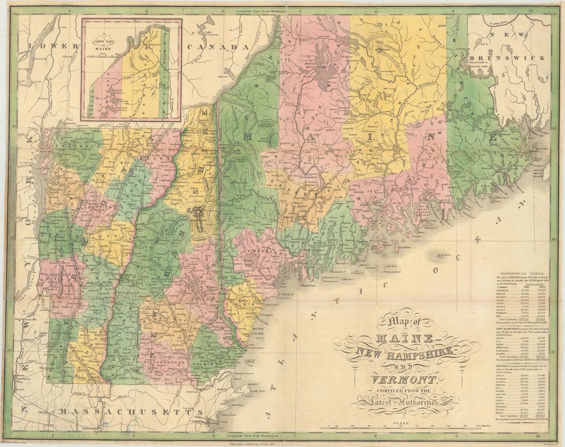 MAP, New England - US, Finley: New England - United States. Anthony Finley, Map of Maine New Hampshire and Vermont, Compiled from the Latest Authorities, 1826 (dated). Hand Color. This folding version of Finley's atlas map delineat