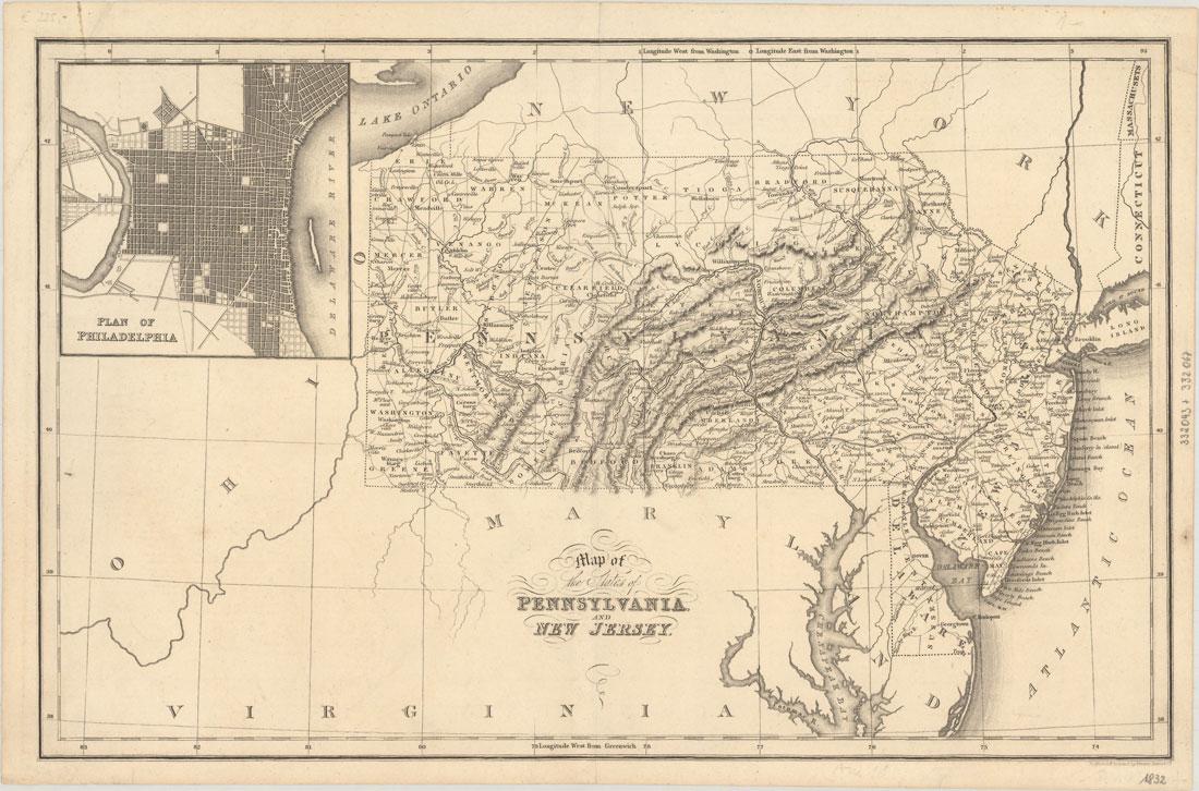 MAP, Mid-Atlantic US, Hinton: Pennsylvania, New Jersey, Delaware. Hinton, Simpkin & Marshall, Map of the States of Pennsylvania, and New Jersey, 1832 (circa). Black & White. This finely detailed map also shows all of Delaware, alt