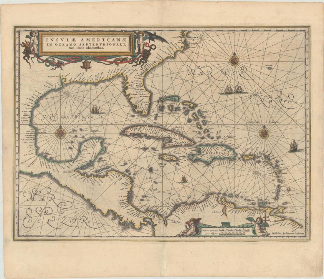 MAP, Gulf of Mexico & Caribbean, Jansson: Gulf of Mexico & Caribbean. Jan Jansson, Insulae Americanae in Oceano Septentrionali, cum Terris Adiacentibus, 1644 (circa). Hand Color. This handsome map focuses on the West Indies and covers the reg