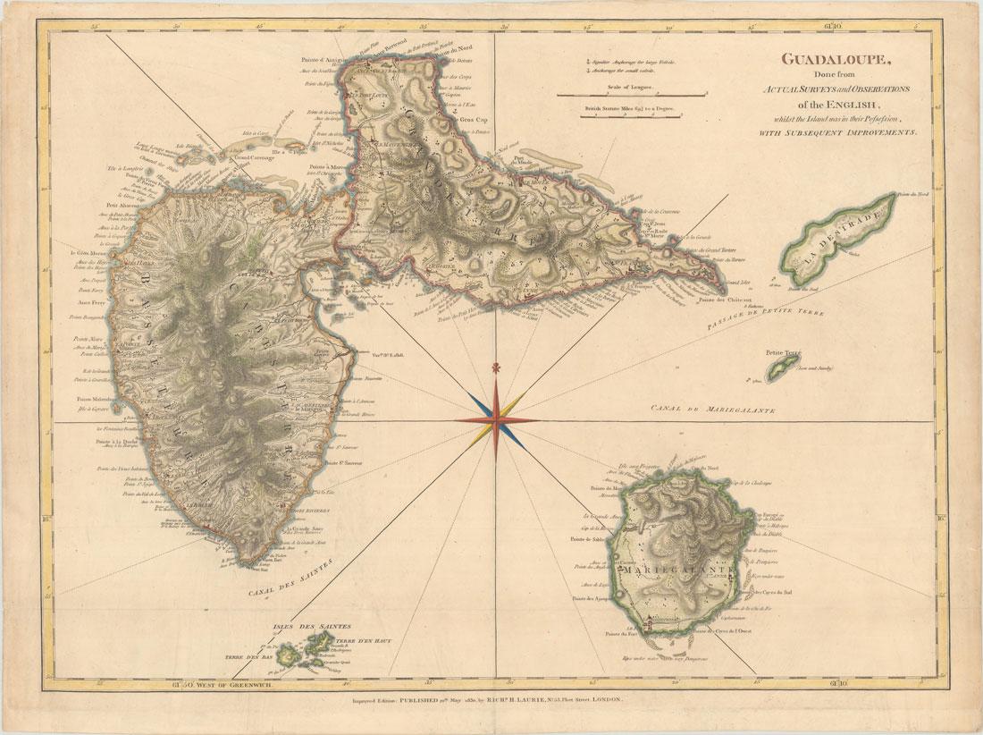 MAP, Guadeloupe, Laurie: Guadeloupe. Richard Holmes Laurie, Guadaloupe, Done from Actual Surveys and Observations of the English, Whilst the Island Was in Their Possession, with Subsequent Improvements, 1830 (dated). Hand Col